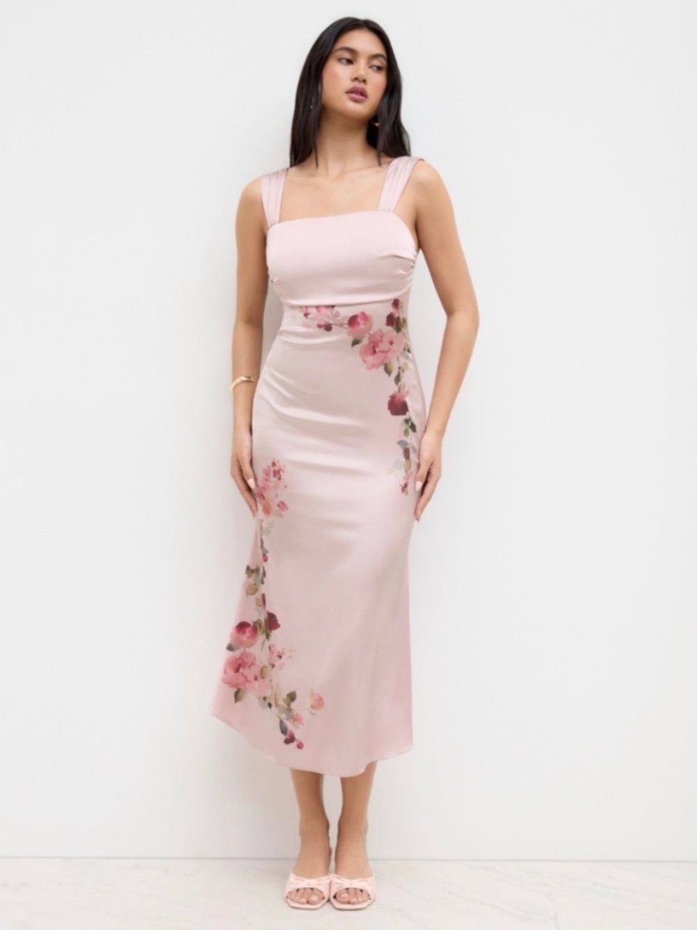 NWT SATIN SQUARE NECK FLORAL RUCHED MERMAID MIDI DRESS XS